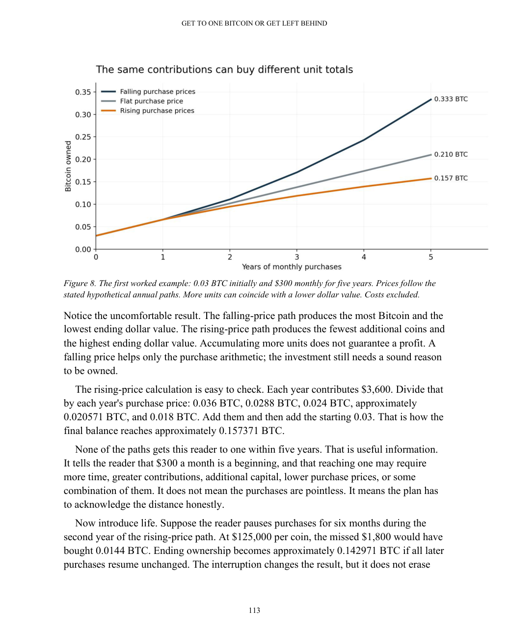 Page 113, comparing hypothetical Bitcoin accumulation with rising, flat, and falling purchase prices.